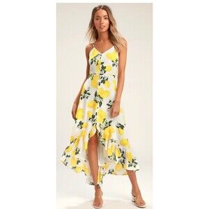 Lulus Dress Womens Large Yellow White  Lemon Afternoon Air Print High-Low Resort
